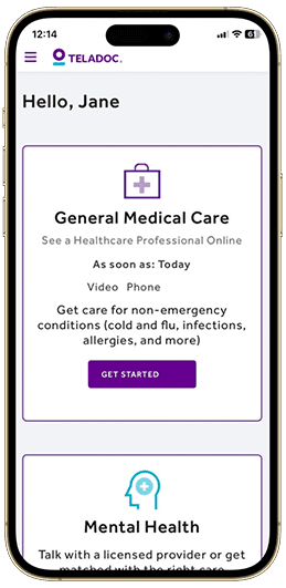 Écran montrant les soins primaires dans l'application Teladoc Health